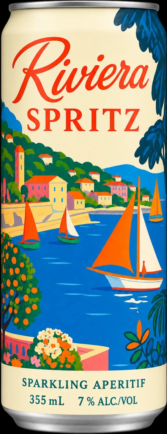 A can of Riviera Spritz sparkling aperitif, its label a painted Côte d'Azur harbour of sailboats and pastel villas