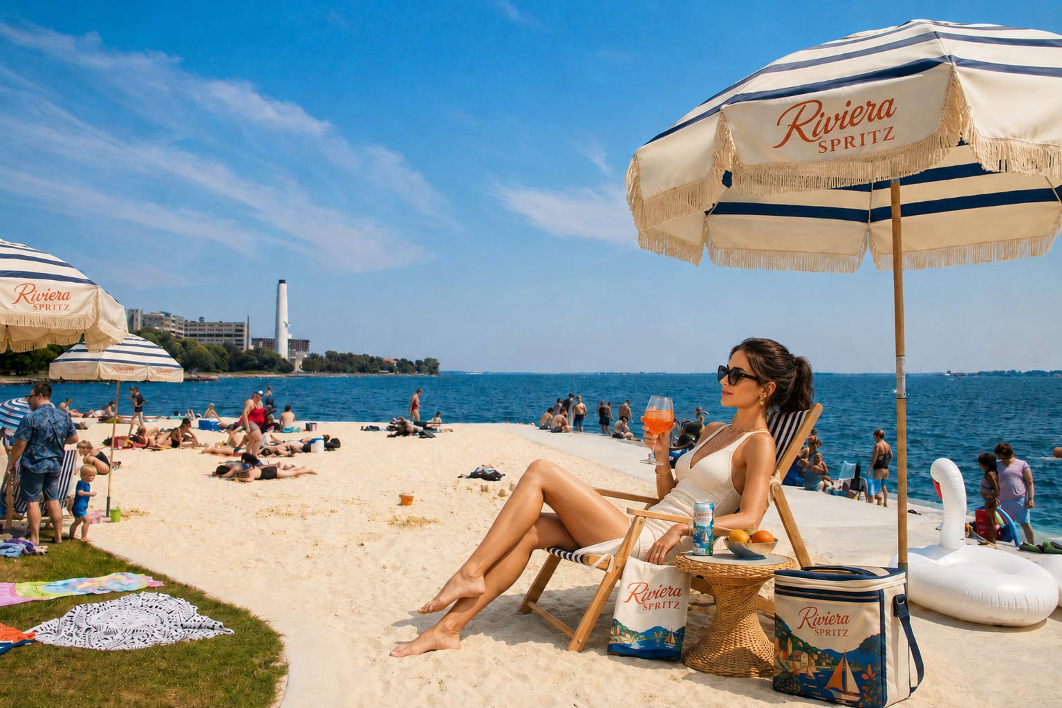 A striped parasol and empty loungers on a Riviera beach