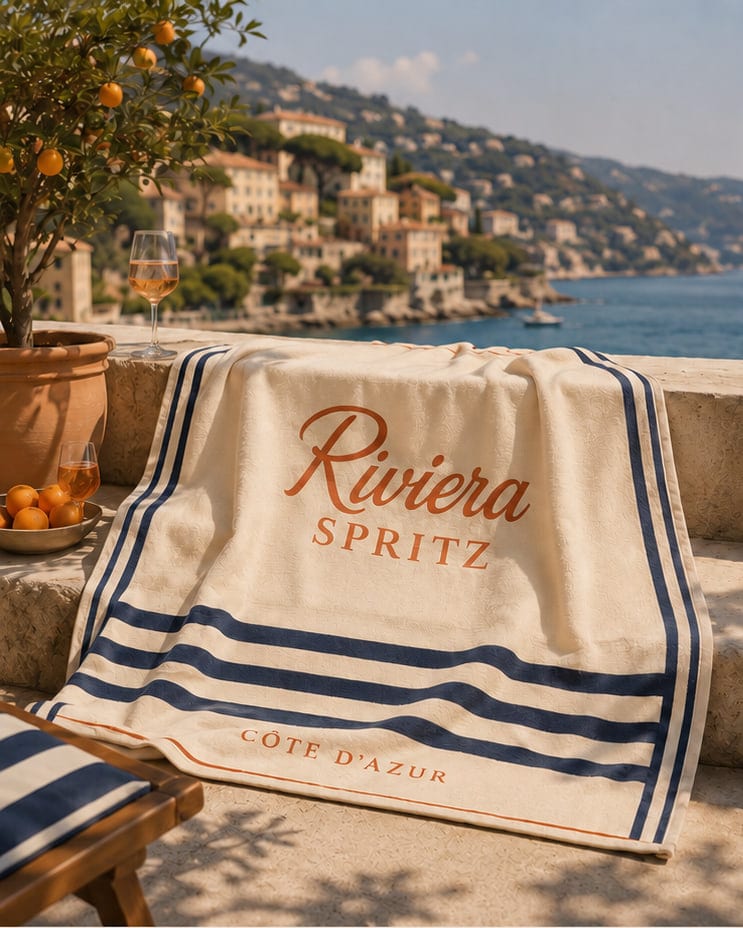 A cream and navy striped Riviera Spritz beach towel over a terrace wall above the sea
