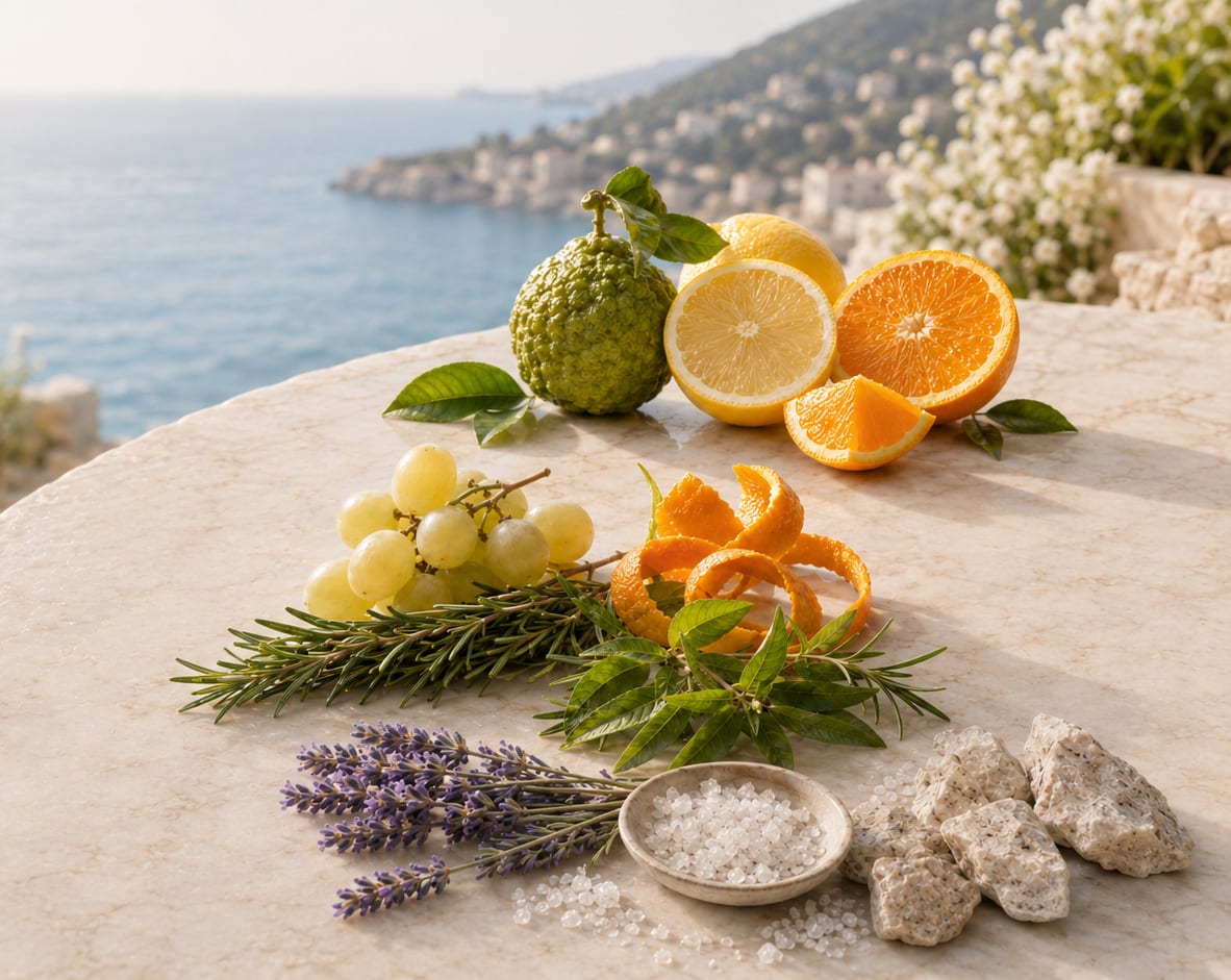 Bergamot, lemon, orange, white grapes, rosemary, lemon verbena, lavender and sea salt laid across a marble table above the Mediterranean
