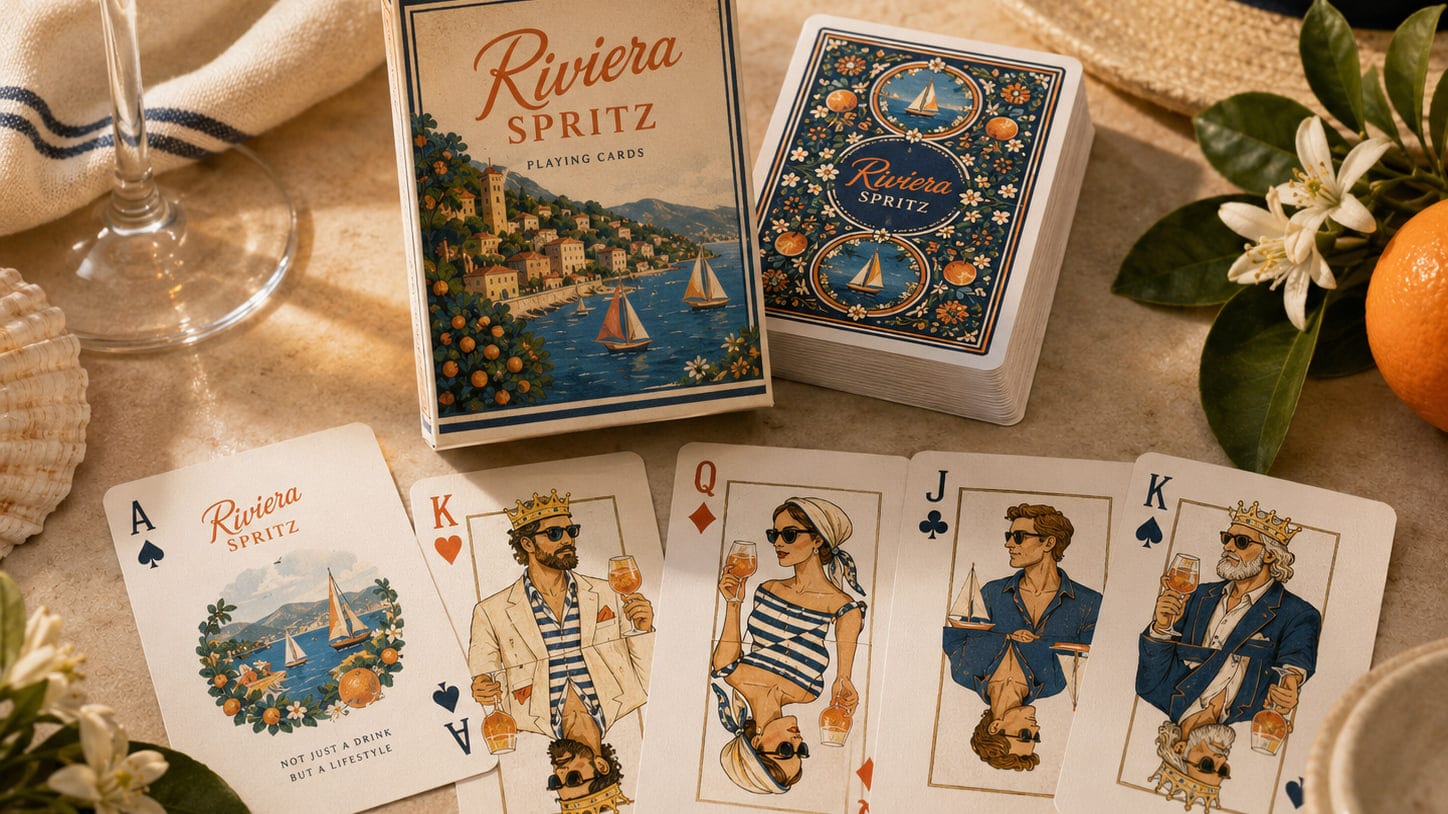 A boxed deck of Riviera Spritz playing cards with the court cards fanned out on a stone table