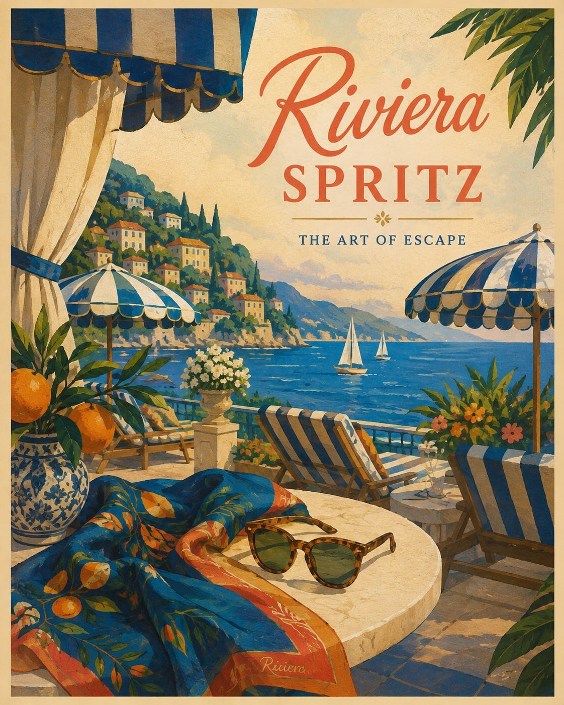 A Riviera Spritz travel poster of a striped terrace above the sea
