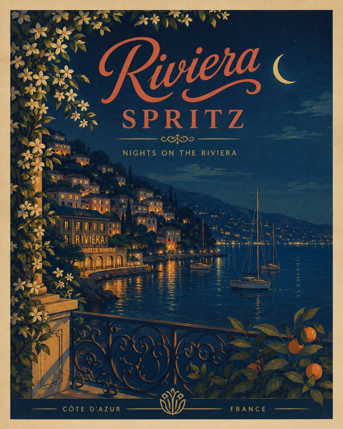A Riviera Spritz travel poster of a harbour under a crescent moon