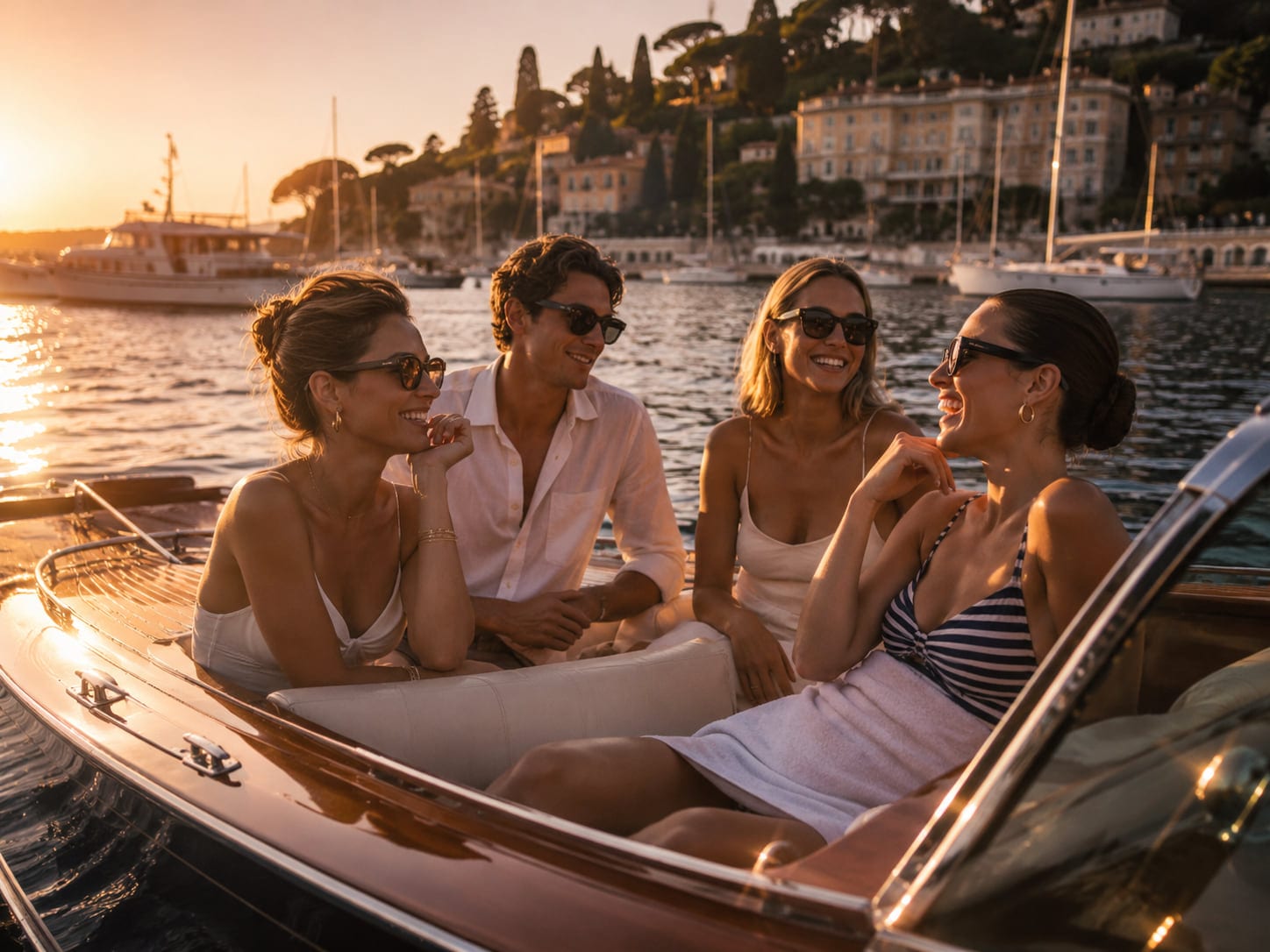 Four friends laughing in a classic mahogany boat as the sun goes down over the harbour