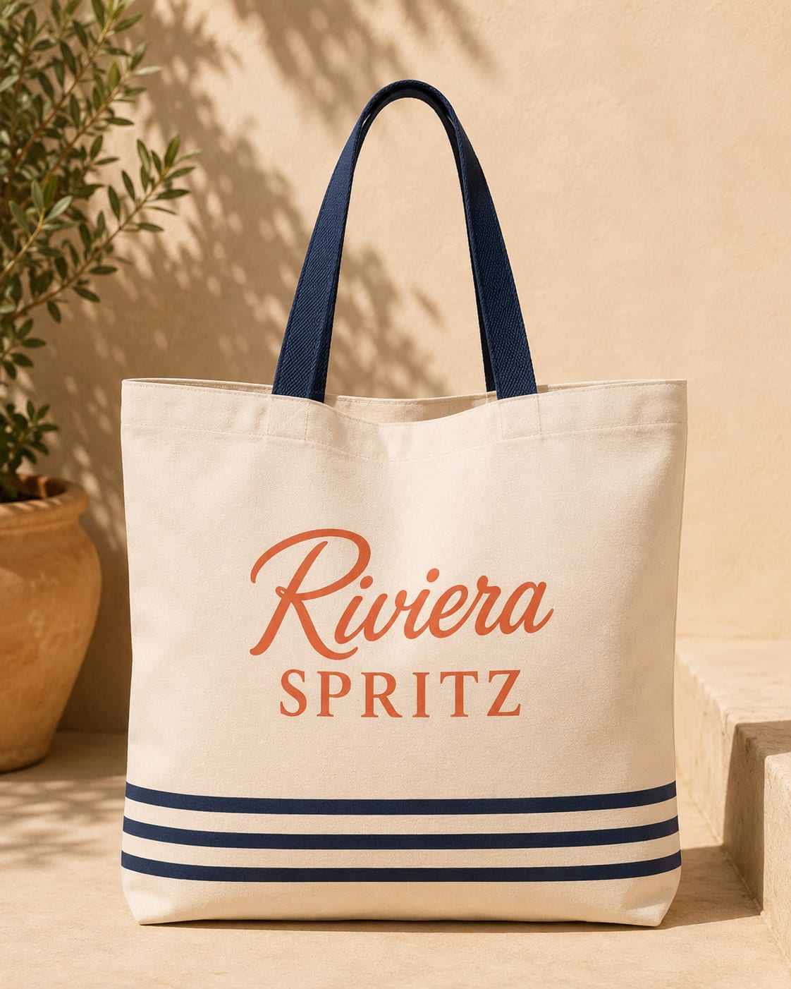 A cream canvas Riviera Spritz tote with navy handles and hem stripes, against a sunlit plaster wall